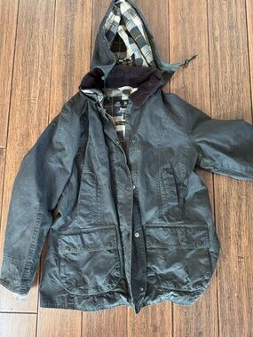 Barbour Waxed Cotton Hooded Jacket Green Tartan Lining UK 12 / US 8